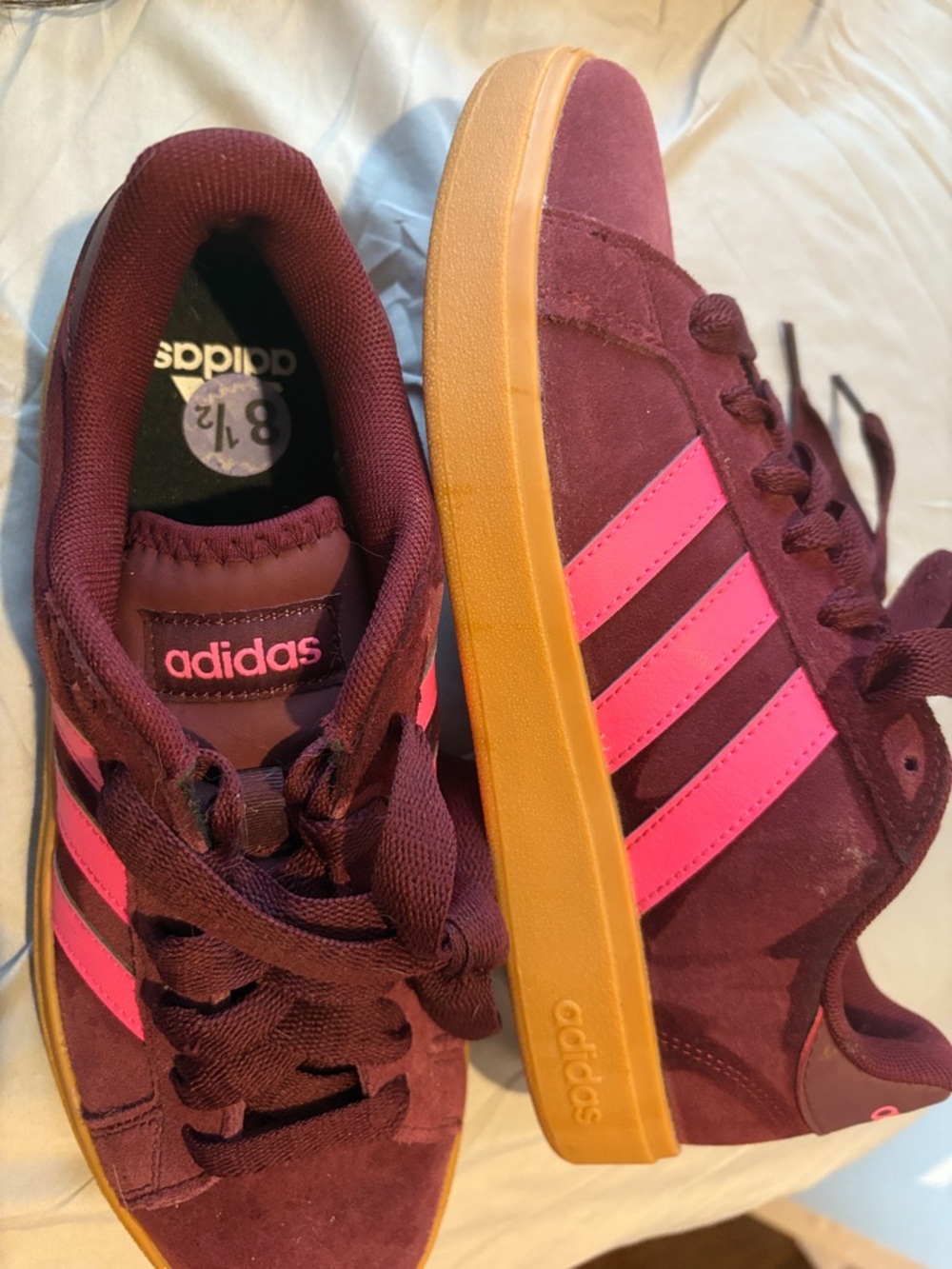 adidas Burgundy Suede Sneakers with Pink Stripes and Gum Sole - Picture 2 of 2